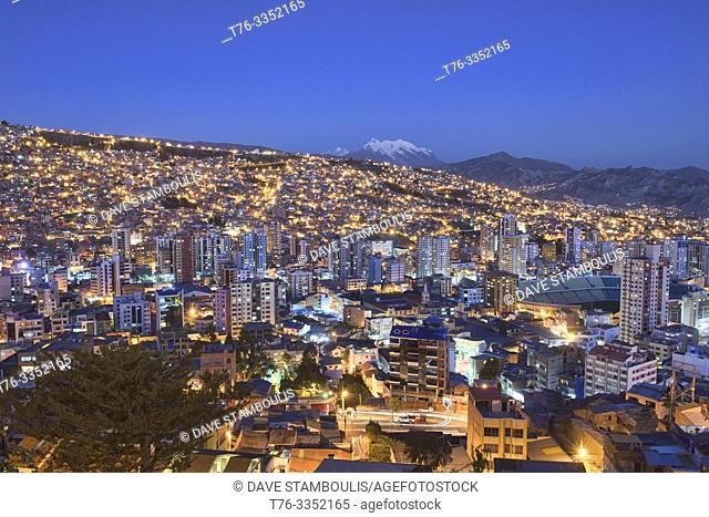 Blue hour, with Illimani towering over the density of La Paz, Bolivia