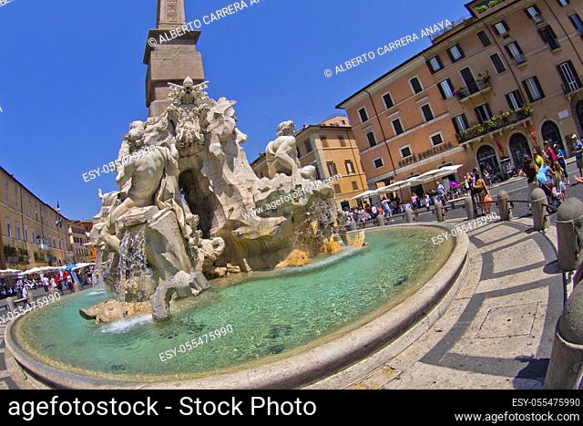 Fountain of the four Rivers, Fontana dei Quattro Fiumi, Egyptian Obelisk, Piazza Navona, Rome, Lazio, Italy, Europe