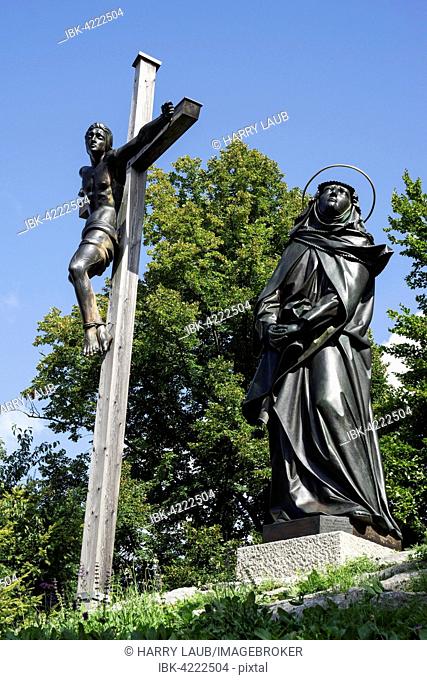 Cross and holy figure, Calvary, Bad Tölz, Upper Bavaria, Bavaria, Germany