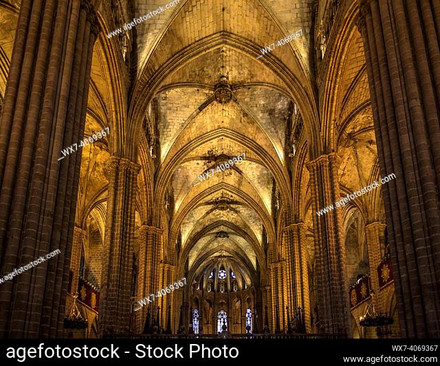 Interior of the Barcelona Cathedral, with gothic style (Barcelona, Catalonia, Spain)