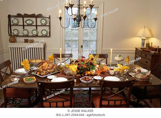 FALL THEME: THANKSGIVING DINNER: all over of dining table set for Thanksgiving dinner, fall floral arrangement, turkey with cranberry garland