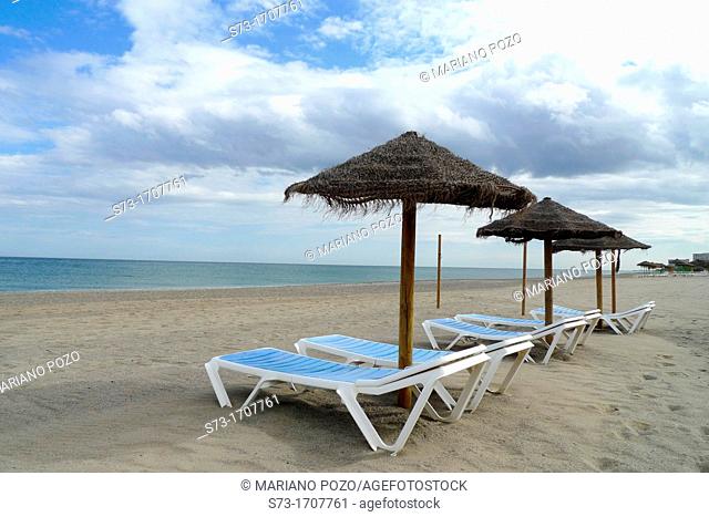 Umbrellas in Playamar beach in Torremolinos, Málaga, Andalucía, Spain