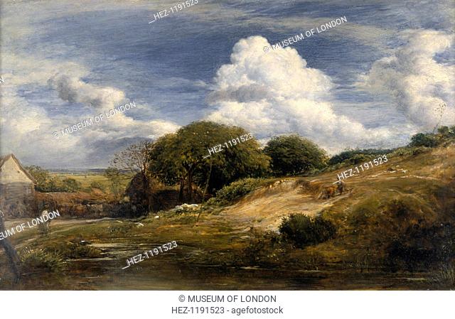 'Collin's Farm, North End, Hampstead', 1831. Country scene with clouds in the sky and a small pond in the foreground. For a short period in 1837 Charles Dickens...