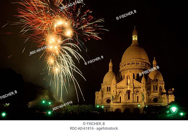 Fireworks near church Sacre Coeur Montmartre Paris France