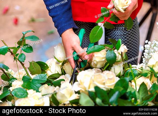 Close up of female florist cutting white roses at flower shop