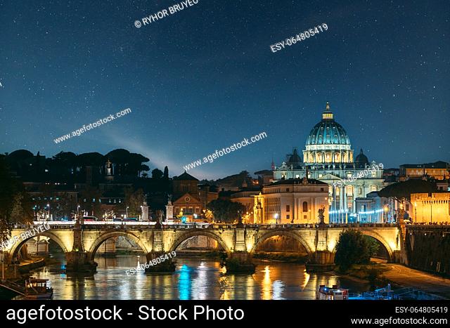 Rome, Italy. Papal Basilica Of St. Peter In The Vatican And Aelian Bridge In Evening Night Illuminations night stars sky, cosmos, space,