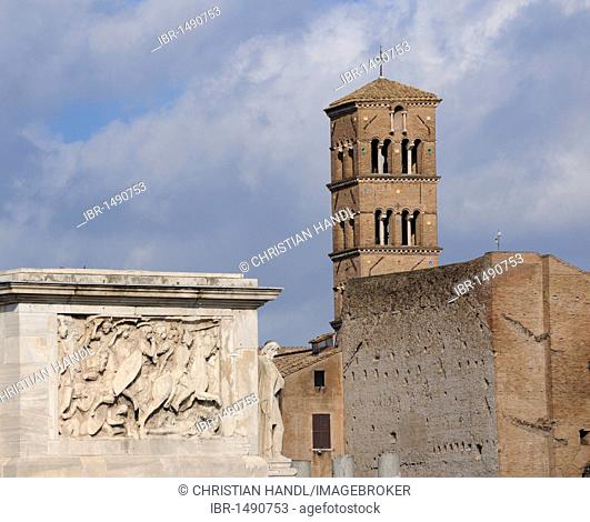 Arch of Constantine in front of the ruins of Venus and Roma temple and Santa Francesca Romana steeple, Rome, Italy, Europe