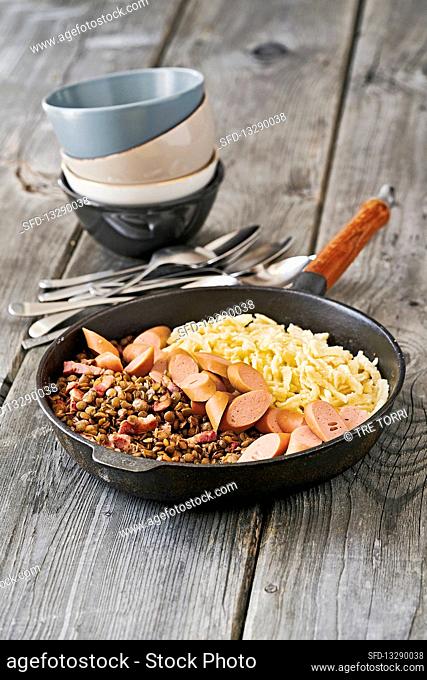 Spaetzle with lentils and string sausages (Baden-Württemberg, Germany)