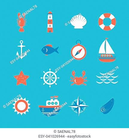 Decorative nautical icon set. Marine theme. Vector illustration