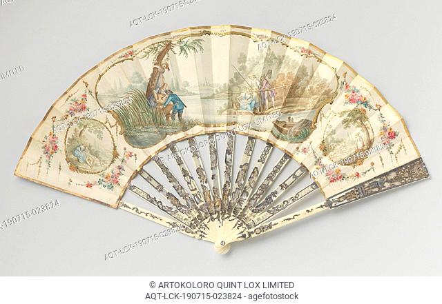 Folding fan with a sheet of paper, on which three cartoons of gold paint on the front with watercolor pastoral scenes (fishermen, shepherdess
