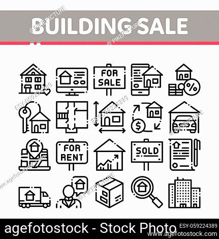 Building House Sale Vector Thin Line Icons Set. Building Sale And Rent Tablet, Web Site, Smartphone Application Linear Pictograms