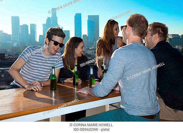 Six adult friends talking and drinking beer at rooftop bar with Los Angeles skyline, USA