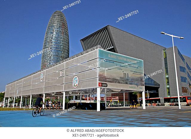 Building DHUB and Torre Agbar in Plaça de les Glories, Barcelona, Catalonia, Spain
