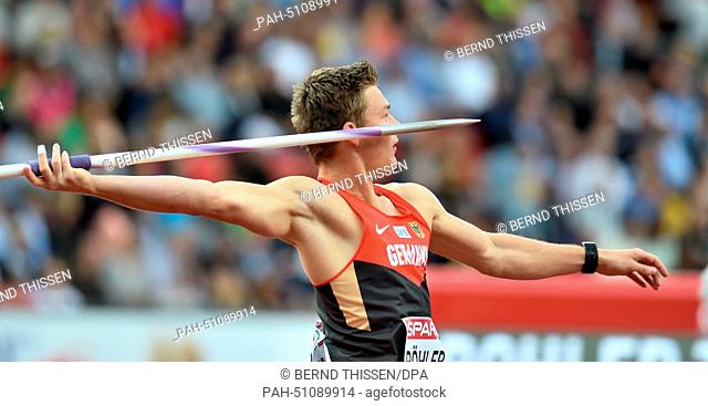 Thomas Roehler from Germany competes in the men's javelin throw qualifying event at the European Athletics Championships 2014 at the Letzigrund Stadium in...