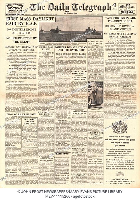 1941 front page Daily Telegraph First RAF mass daylight raid and unlimited US aid for Britain