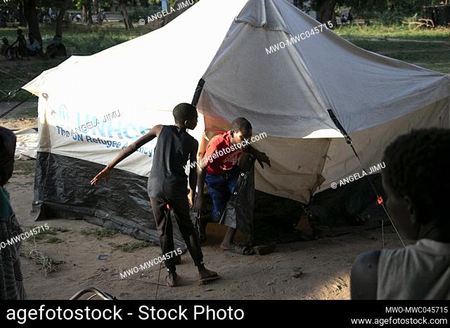 Children are seen outside a tent at Bangula Camp in Nsanje district where thousands of internally displaced people are being housed
