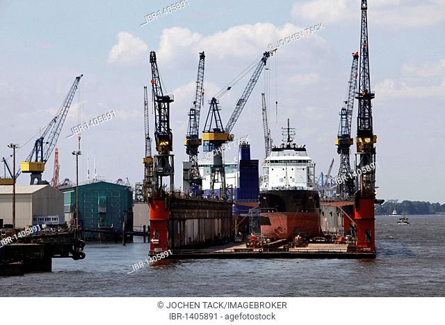 Shipyard, dry dock in the harbor of Hamburg, Germany, Europe
