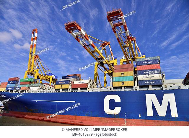 Container ship and gantry cranes, Stromkaje quay, Wilhelm Kaisen Terminal, Container Terminal Bremerhaven, Bremerhaven, Bremen, Germany