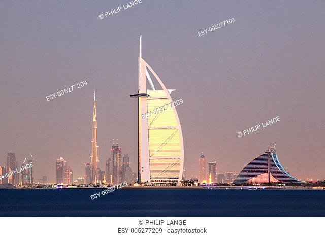 Dubai city skyline at dusk, United Arab Emirates