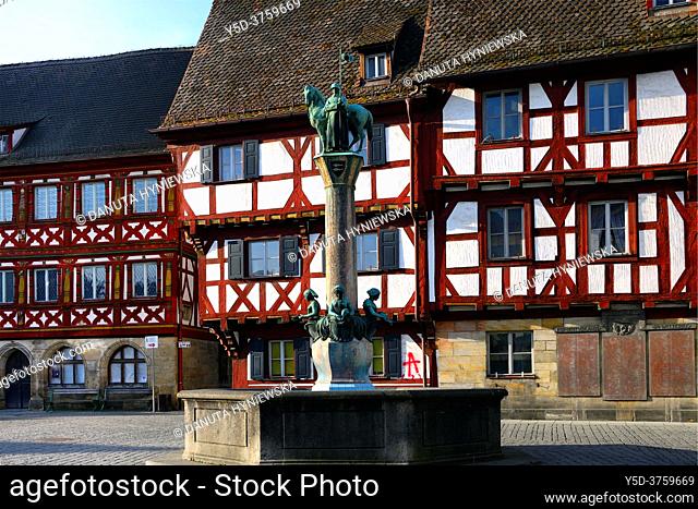 Half-timbered buildings at Rathausplatz - Town hall square, in front Kriegerbrunnen - Warrior fountain, historic part of Forchheim, Forchheim