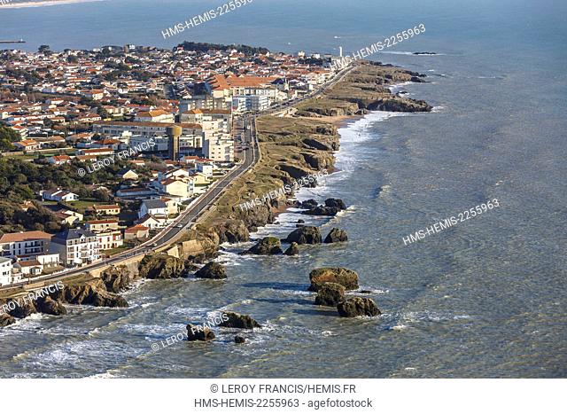 France, Vendee, Saint Hilaire de Riez, the Cinq pineaux and the Corniche Vendeenne (aerial view)