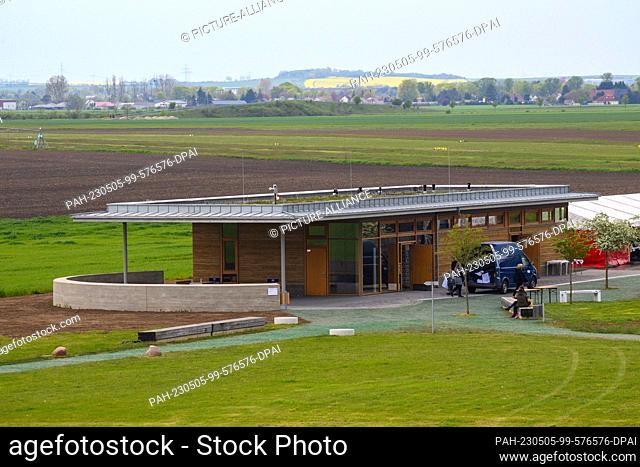 05 May 2023, Saxony-Anhalt, Pömmelte-Zackmünde: View of the ""Tourist Information Center at the Pömmelte Ring Shrine"". The building is the first contemporary...