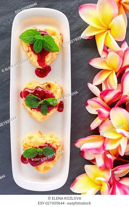 Cottage-cheese Baked Pudding in heart shape with frangipani flowers