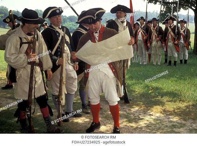 soldiers, Valley Forge Park, reenactment, Valley Forge, Pennsylvania, A group of men dressed in Continental Army soldier costumes reenact the American...