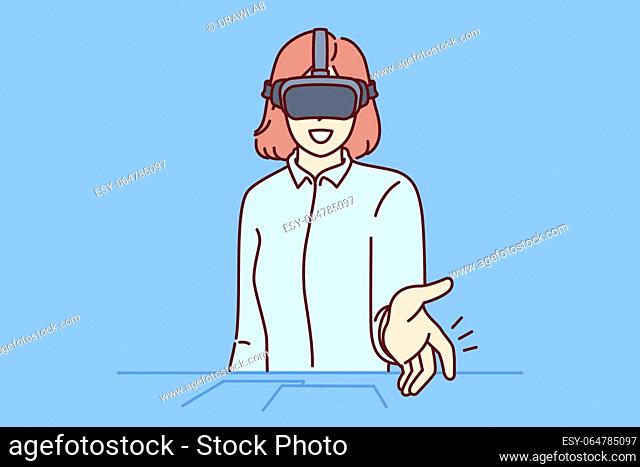 Business woman uses VR headset for online meeting with partners or employees. Businesswoman shakes hands with virtual interlocutor and communicates with...