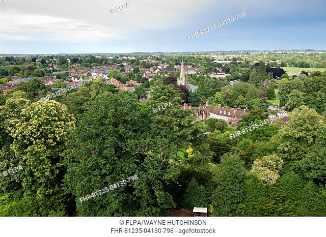 View from castle overlooking trees and town, Warwick Castle, Warwick, Warwickshire, England, August