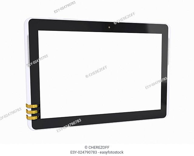 Tablet pc with wheels combination code. Isolated on white background