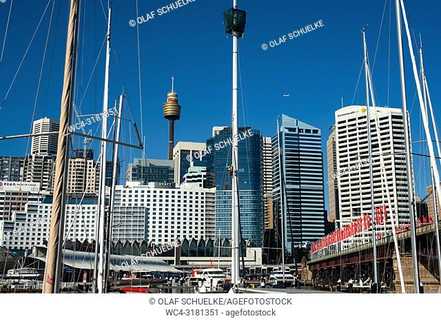 Sydney, New South Wales, Australia - A view from Darling Harbour at Sydney's city skyline of the Central Business District with the Sydney Tower in the backdrop