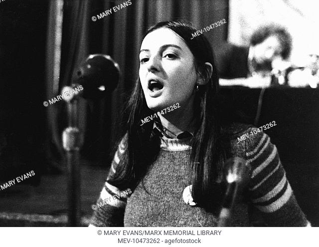 Sue Slipman, President of the National Union of Students (1977-78), seen here at a microphone giving a speech. She has since held a number of public offices