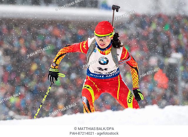 Chinese biathlete Jialin Tang participates in the women's 7, 5 km sprint within the Biathlon World Cup at the Chiemgau Arena in Ruhpolding, Germany