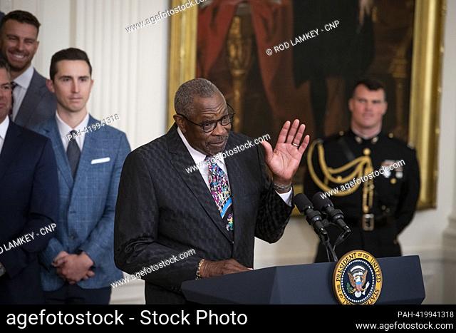 Houston Astros manager Dusty Baker offers remarks as the Houston Astros are welcomed to the White House in honor of their 2022 World Series victory