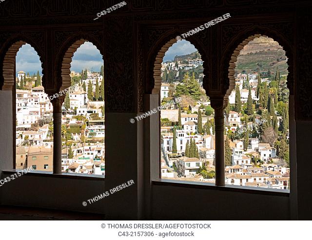 The Albaicín, Granada's characteristic Moorish quarter, seen from the Alhambra palace. Granada, Granada province, Andalusia, Spain