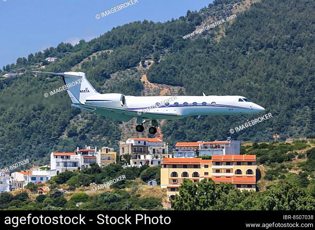 A Gulfstream G550 aircraft with registration N883A lands at Skiathos Airport, Greece, Europe