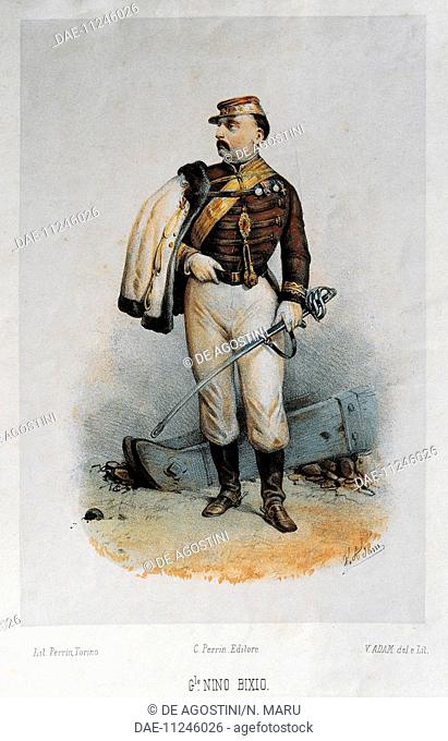 Portrait of Gerolamo Bixio, called Nino (Genoa, 1821-Banda Aceh, 1873), Italian soldier, patriot and politician. Engraving