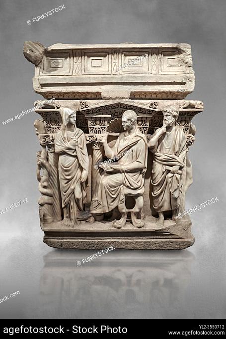 End panel of a Roman relief sculpted Hercules sarcophagus with kline couch lid, ""Columned Sarcophagi of Asia Minorâ. . style typical of Sidamara, 250-260 AD