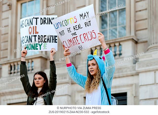 February 15, 2019 - London, England, United Kingdom - Thousands of young people gather in central London to protest against the government’s lack of action on...