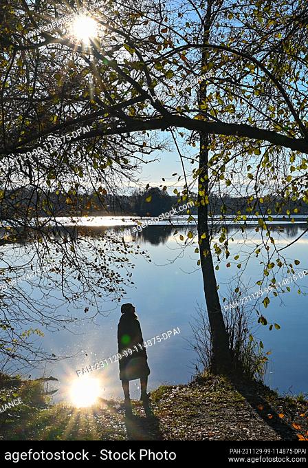 26 November 2023, Brandenburg, Falkenhagen: A woman stands on the shore of the castle lake in the fall. Photo: Patrick Pleul/dpa