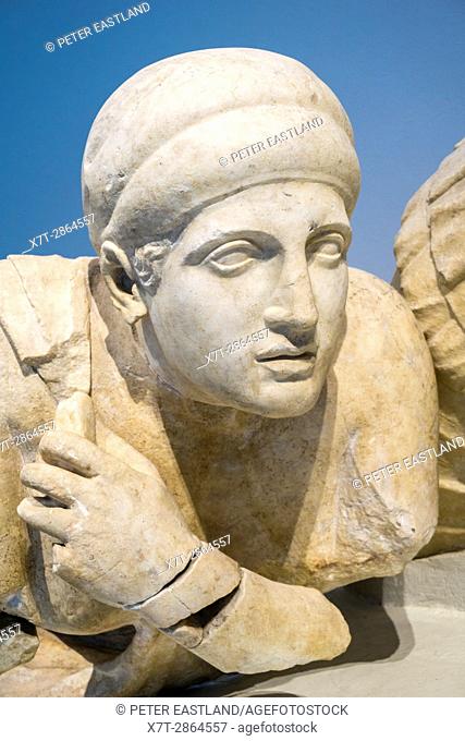 Detail of a 4th century BC statue of a female Lapith, on the West pediment of the Temple of Zeus. Archaeological museum, Ancient Olympia, Peloponnese, Greece