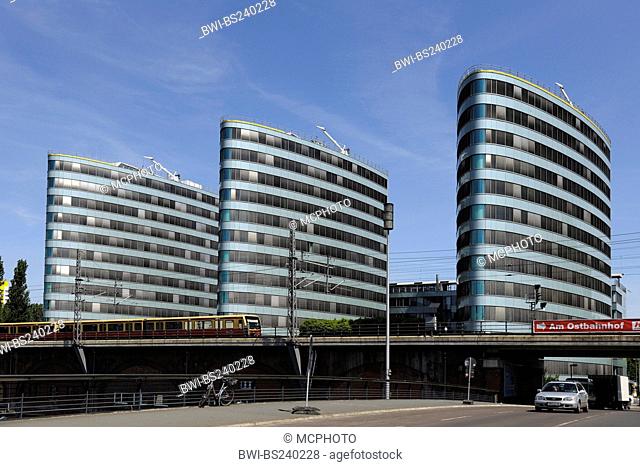 Trias City Towers in Berlin with passing train, Germany, Berlin