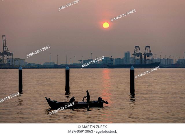 Harbour installation of Georgetown, Penang, Malaysia at the morning hours, sunrise, industrial facilities, boot