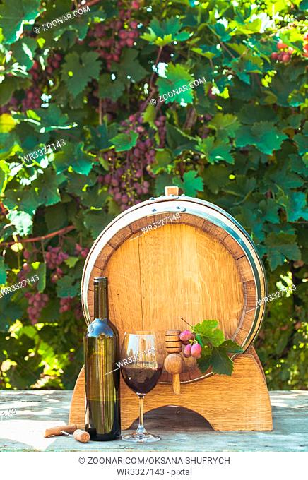 The wooden barrel with wine on a table outdoor. Winery culture