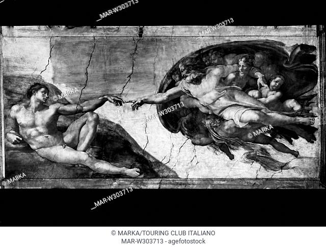 parte dell'affresco la creazione di adamo di michelangelo, cappella sistina, città  del vaticano, 1960 // part of the fresco the creation of Adam by...