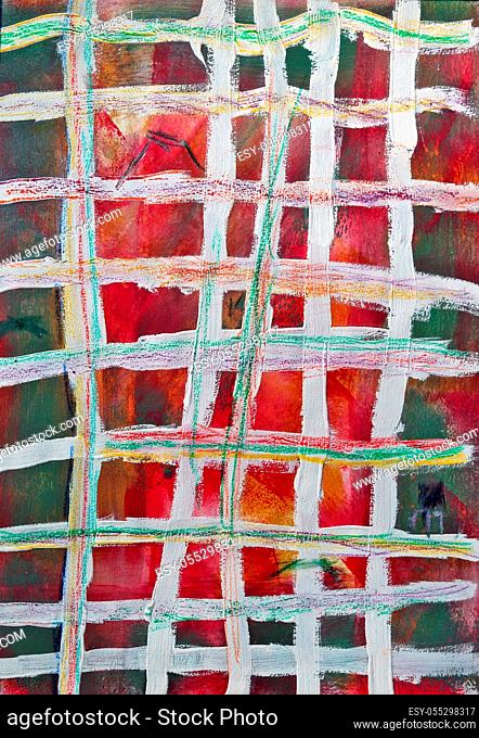 Simple abstract no name background of intersecting white stripes with an oil paint brush on red and green