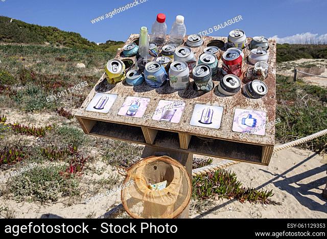waste recycling, Es Arenals, Migjorn beach, Formentera, Pitiusas Islands, Balearic Community, Spain