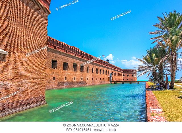 The entrance of Fort Jefferson, a historical military fortress, on Dry Tortugas National Park, Florida, United States. Fort Jefferson and its moat of sea water