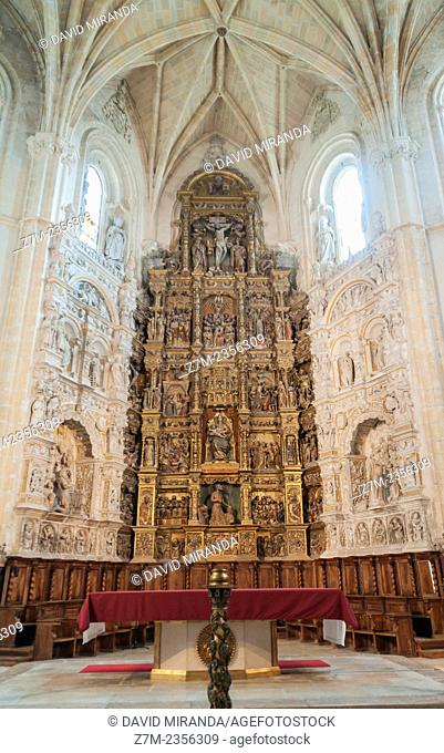 Polychrome altarpiece depicting the life of the Virgin and altar of the church. Monastery of Santa Maria de El Parral, Segovia, Castile-Leon, Spain